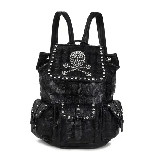 Gothic Multi-pockets Studded Backpack / Fashion Skull Pattern Black Rucksack