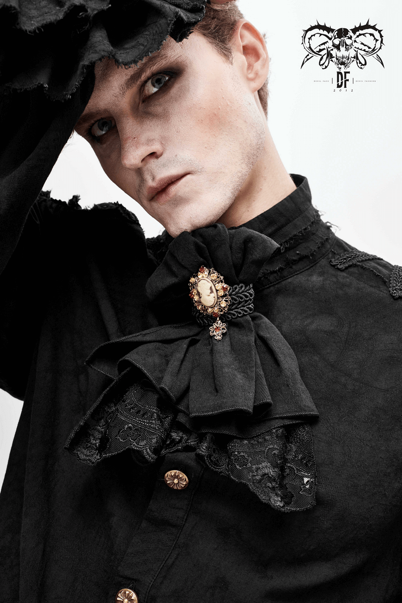 Gothic Noir Dentelle Cravate Jabot for Men / Vintage Male Ties with Brooch / Alternative Style