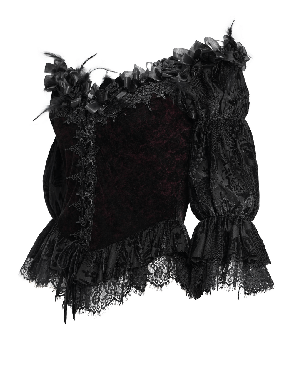 Gothic Off-Shoulder Lace-Up Velvet Blouse with Floral Detail