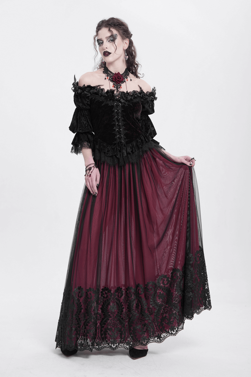 Gothic Off-Shoulder Lace-Up Velvet Blouse with Floral Detail