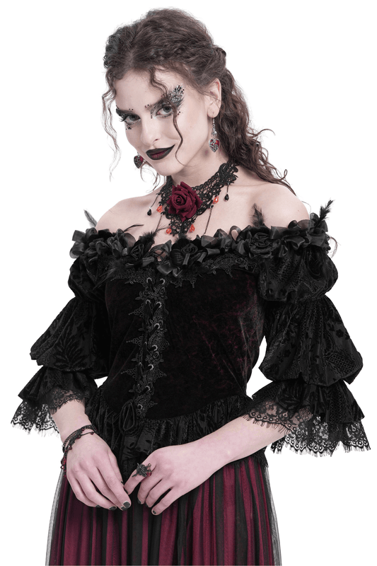 Gothic Off-Shoulder Lace-Up Velvet Blouse with Floral Detail