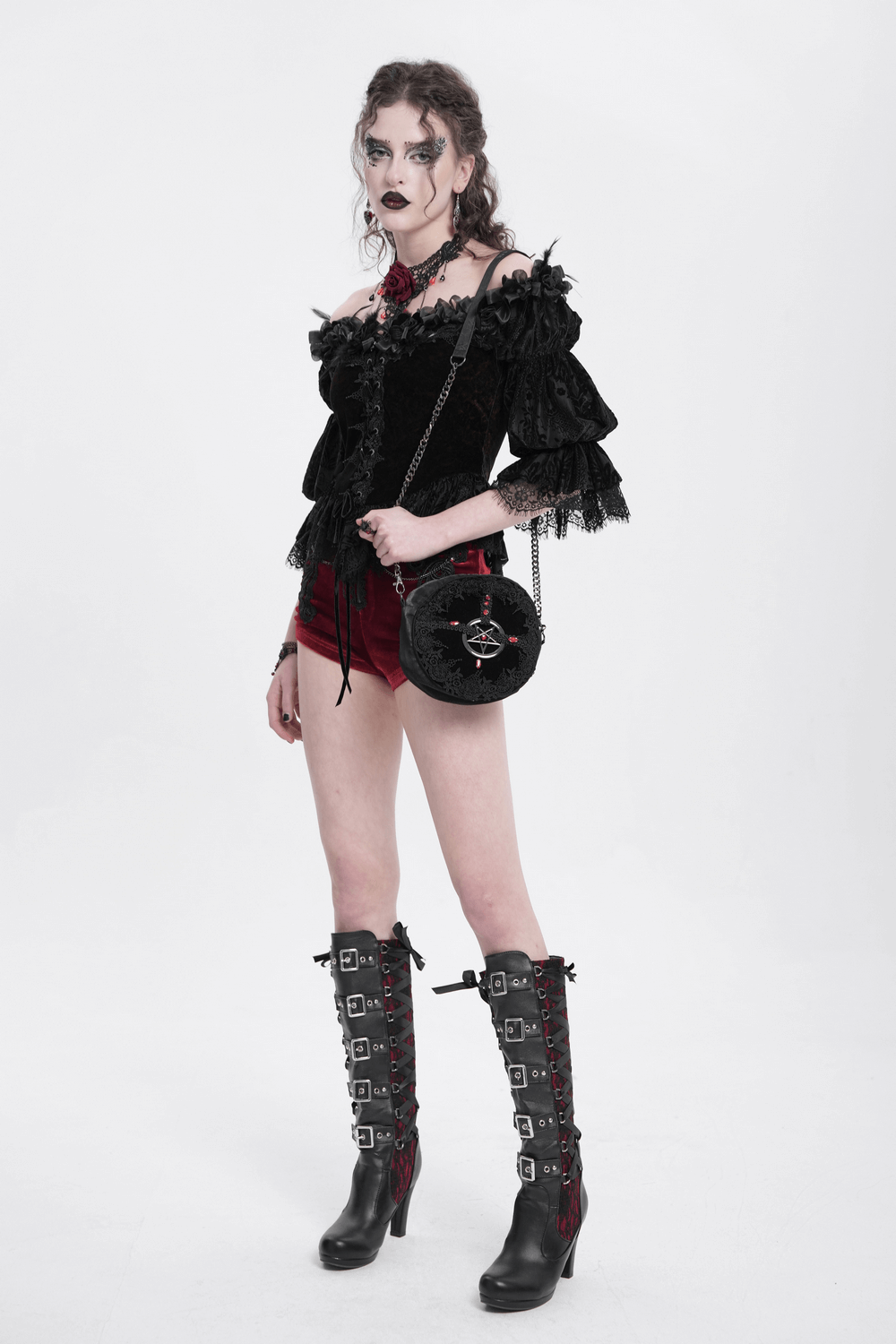 Gothic Off-Shoulder Lace-Up Velvet Blouse with Floral Detail