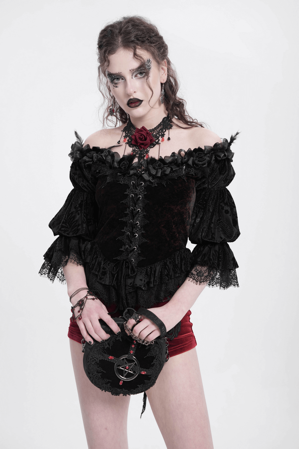 Gothic Off-Shoulder Lace-Up Velvet Blouse with Floral Detail