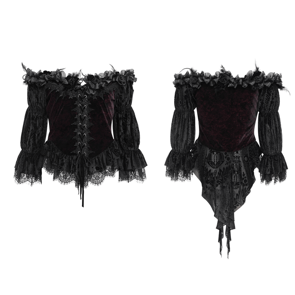 Gothic Off-Shoulder Lace-Up Velvet Blouse with Floral Detail