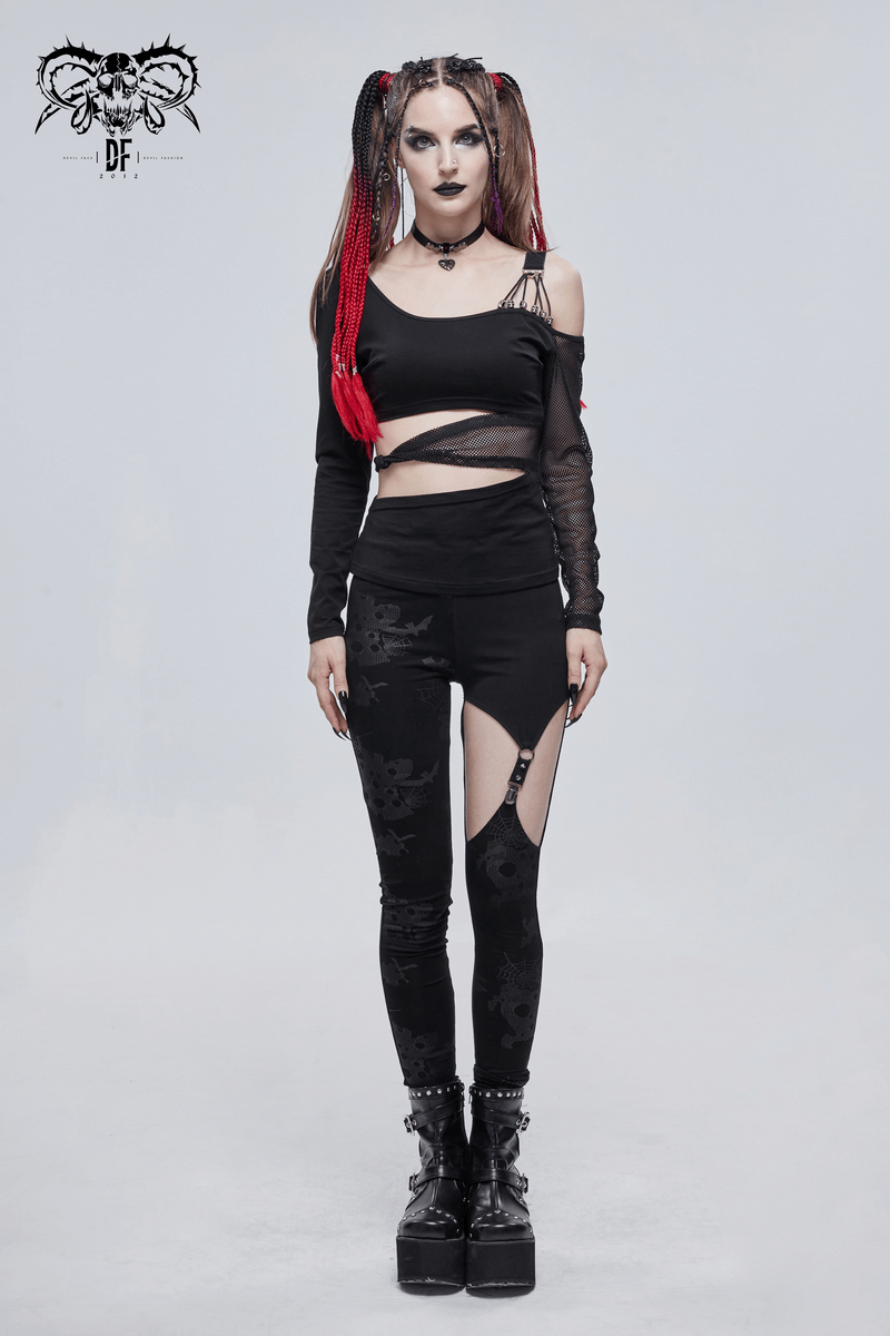 Gothic Off Shoulder Mesh Splice Top / Mesh Sleeve Black Top with Strap Across the Middle