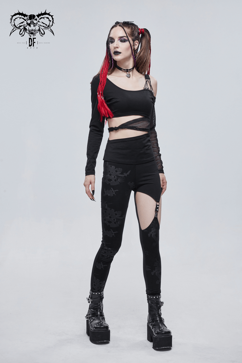 Gothic Off Shoulder Mesh Splice Top / Mesh Sleeve Black Top with Strap Across the Middle
