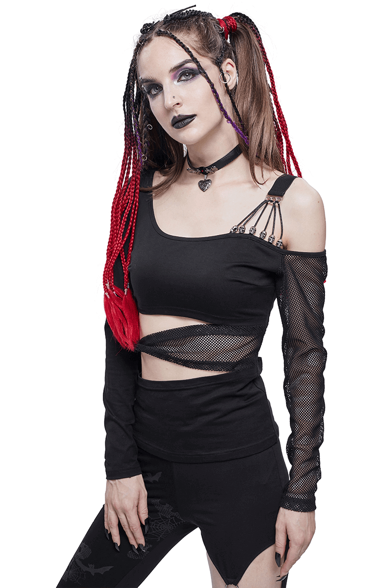 Gothic Off Shoulder Mesh Splice Top / Mesh Sleeve Black Top with Strap Across the Middle
