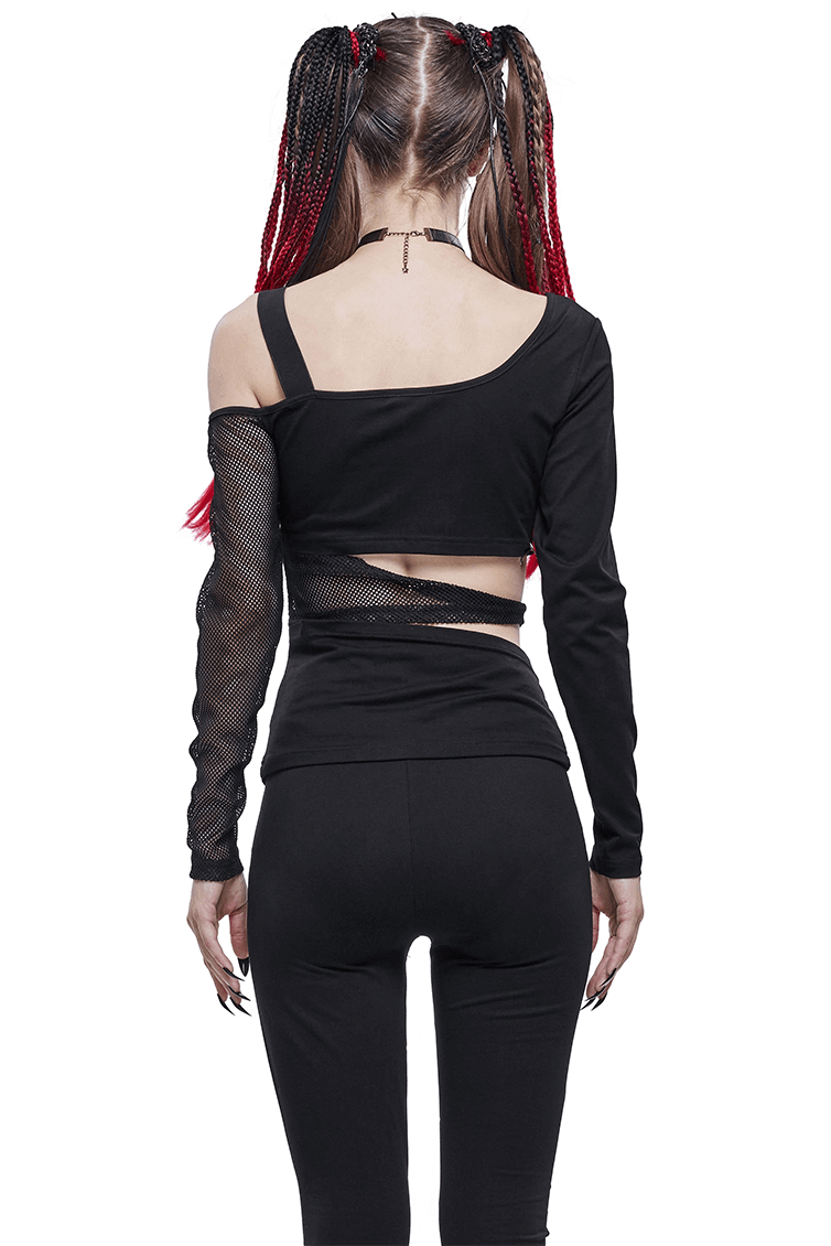 Gothic Off Shoulder Mesh Splice Top / Mesh Sleeve Black Top with Strap Across the Middle