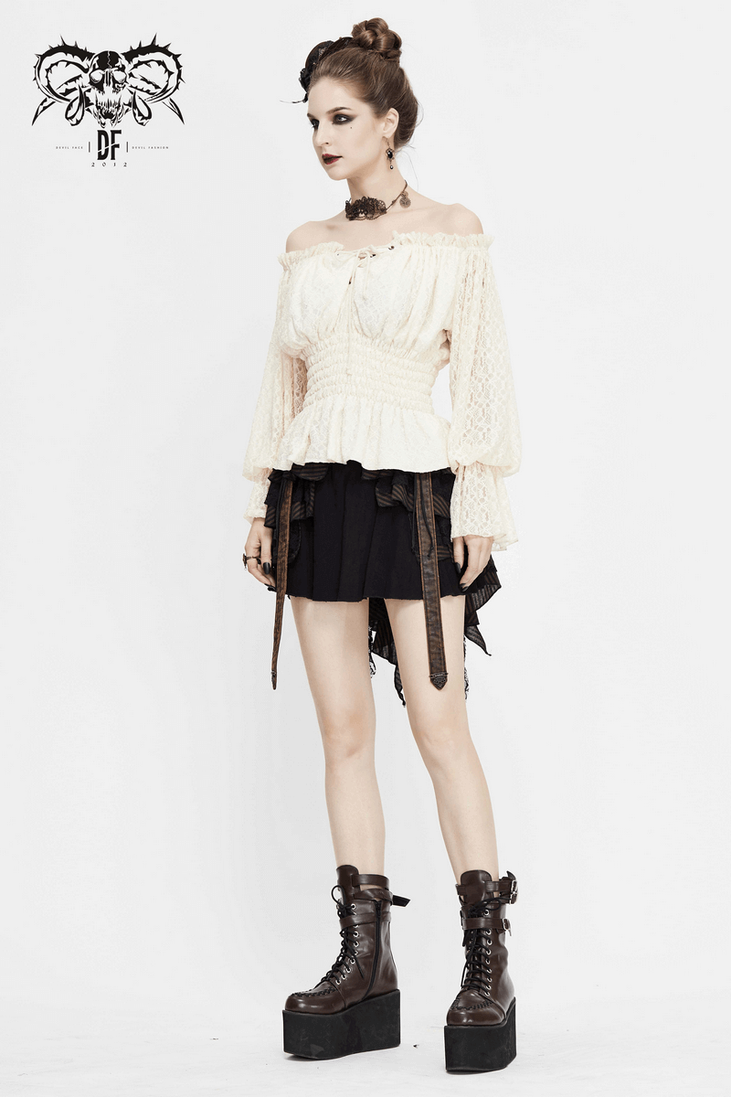 Gothic Off-shoulder Strappy Lace Sleeves Tops / Women's Lace-Up Beige Top