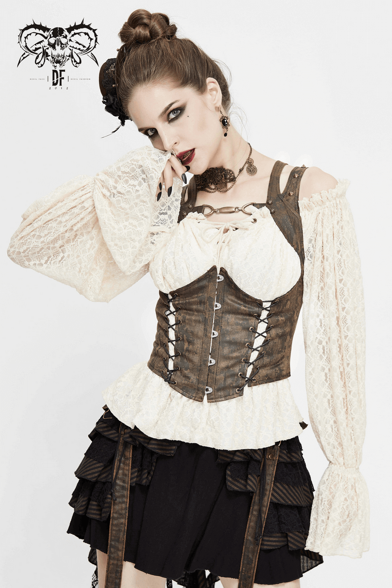 Gothic Off-shoulder Strappy Lace Sleeves Tops / Women's Lace-Up Beige Top