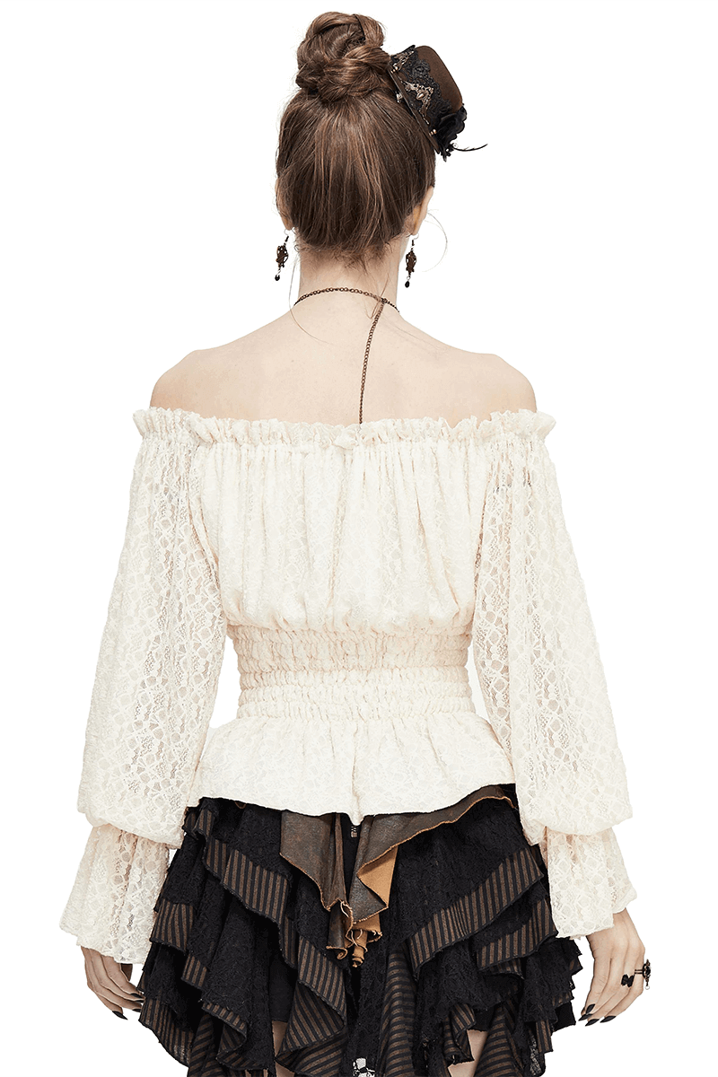 Gothic Off-shoulder Strappy Lace Sleeves Tops / Women's Lace-Up Beige Top