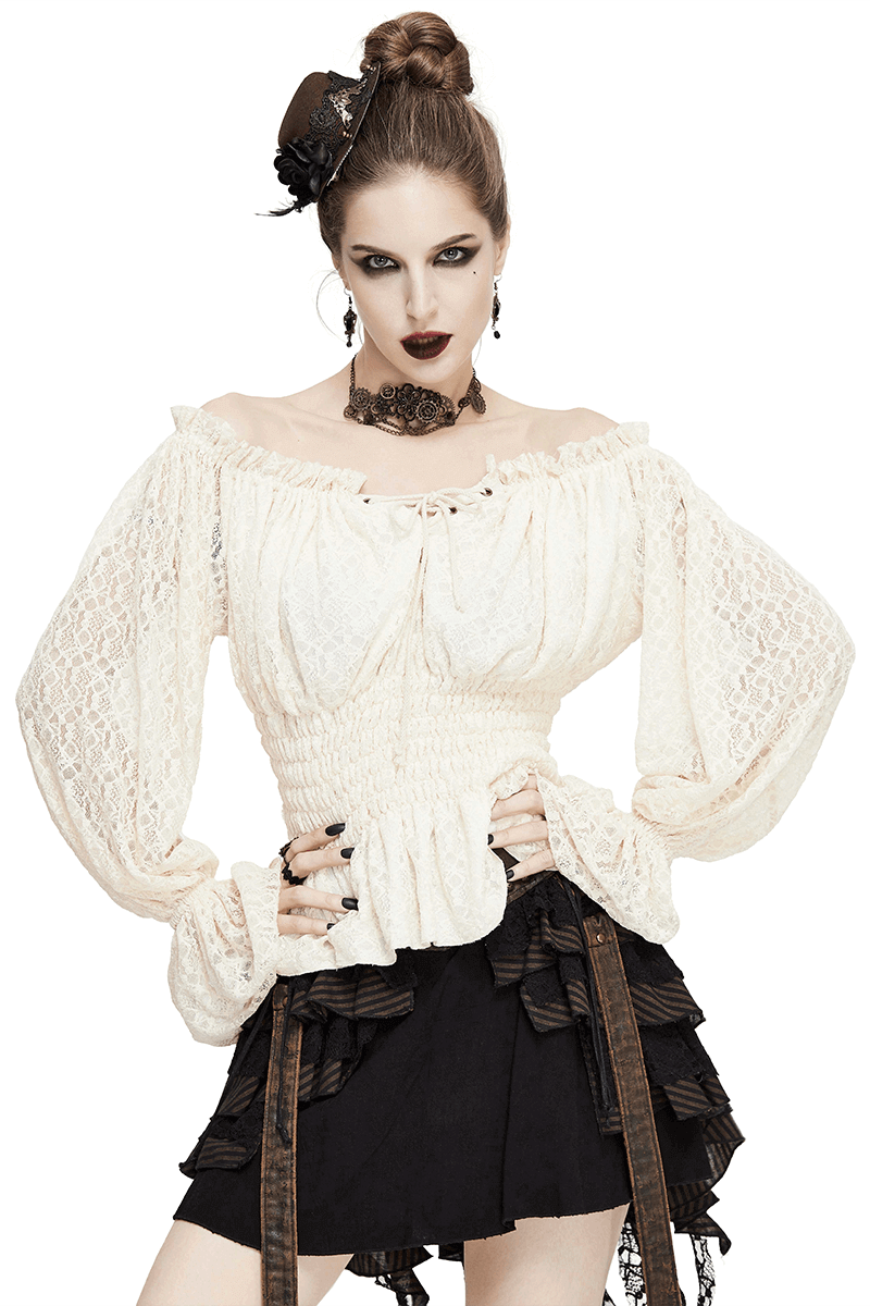 Gothic Off-shoulder Strappy Lace Sleeves Tops / Women's Lace-Up Beige Top