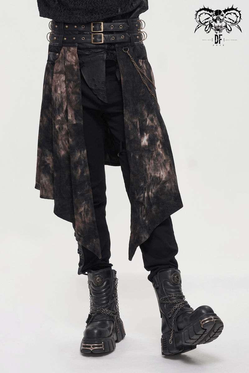 Gothic Open Front Irregular Half Skirt / Men's Half Skirt With Buckle Belts, Chain, Rings & Rivets