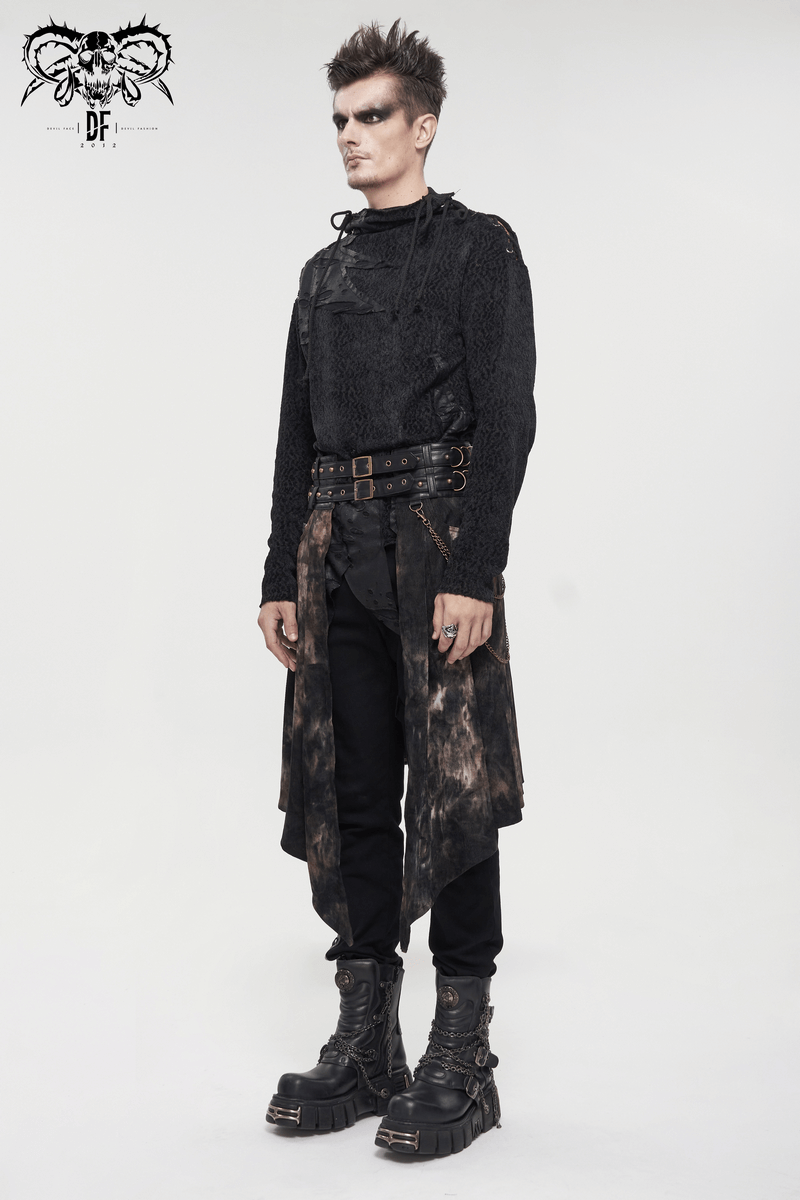 Gothic Open Front Irregular Half Skirt / Men's Half Skirt With Buckle Belts, Chain, Rings & Rivets