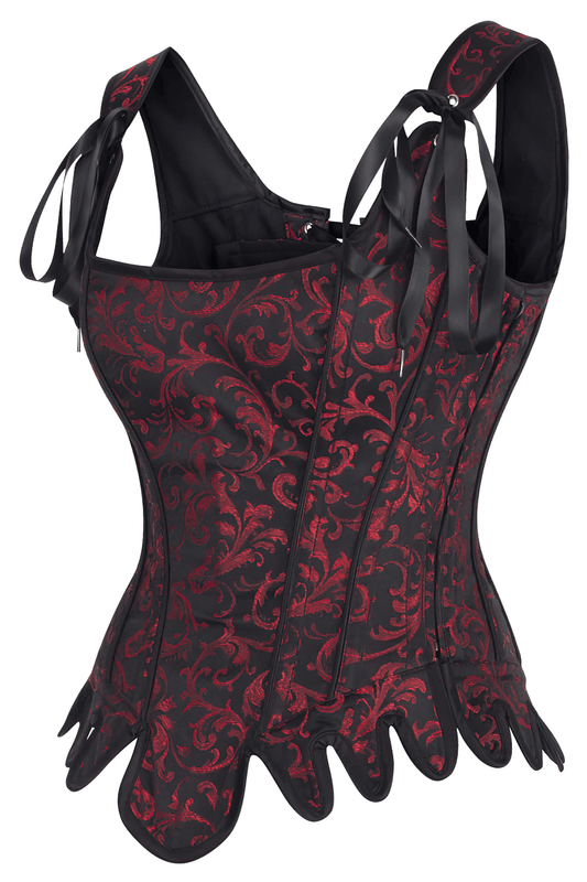 Gothic Overbust Corset with Burgundy Brocade and Lace-Up