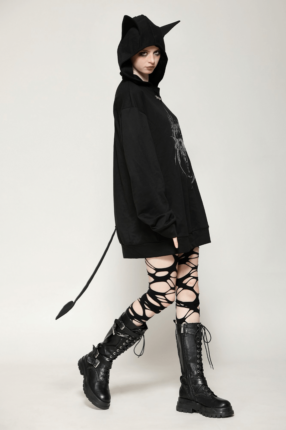 Gothic Oversized Hoodie with Cat Ears and Tail