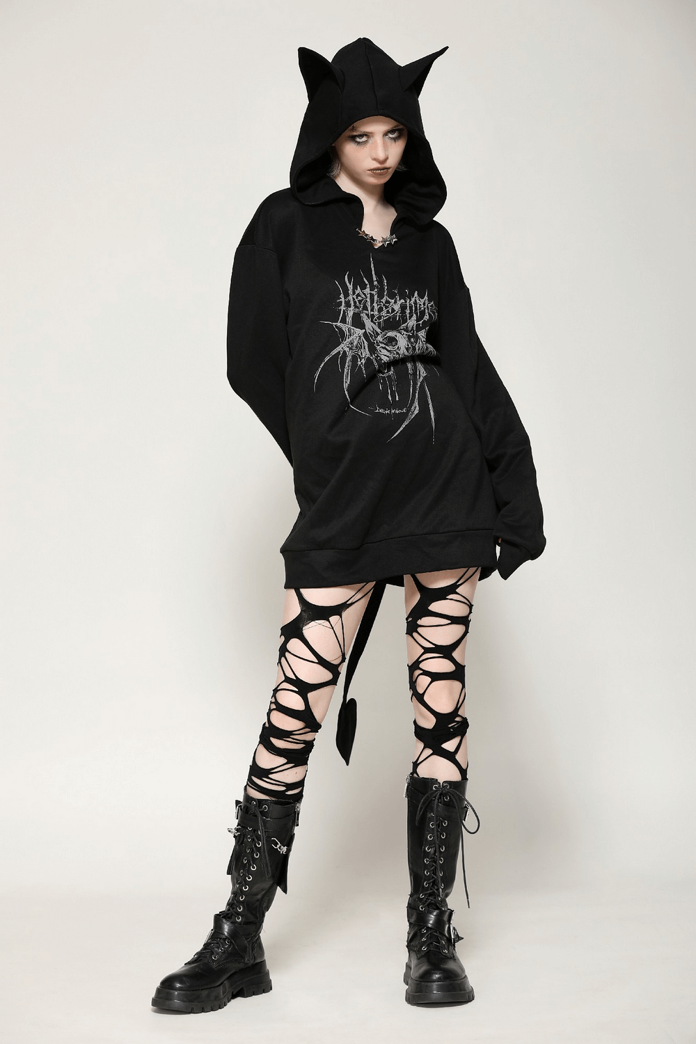 Gothic Oversized Hoodie with Cat Ears and Tail