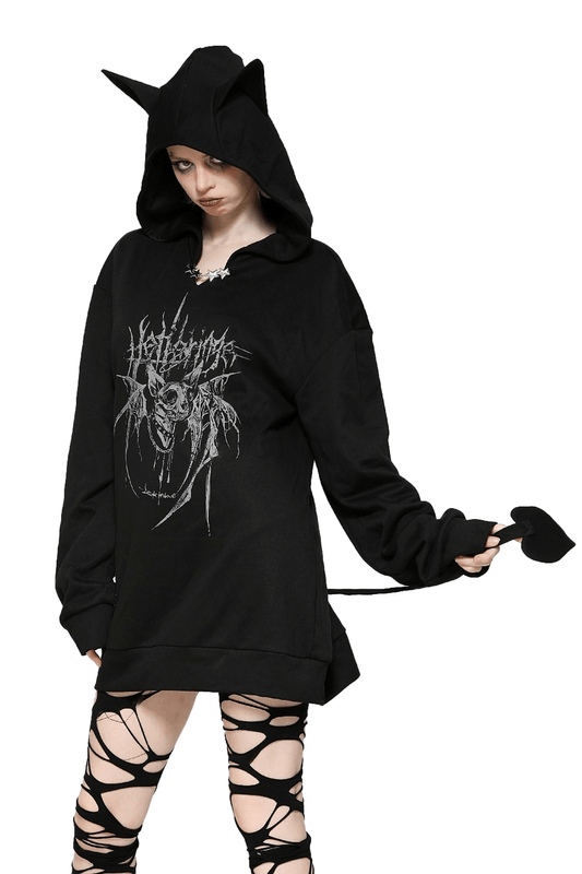 Gothic Oversized Hoodie with Cat Ears and Tail