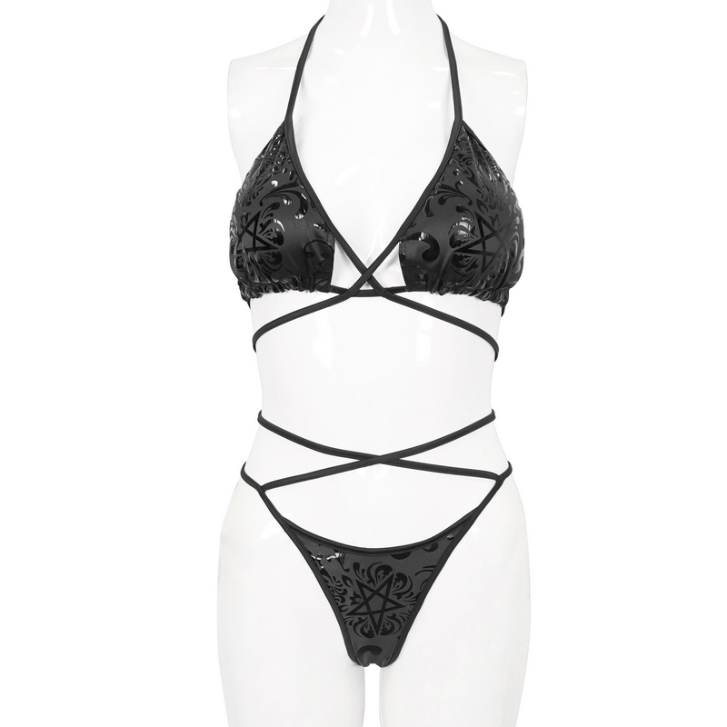 Gothic Pentagram Pattern Cross Straps Bikini Set / Fashion Black Swimwear