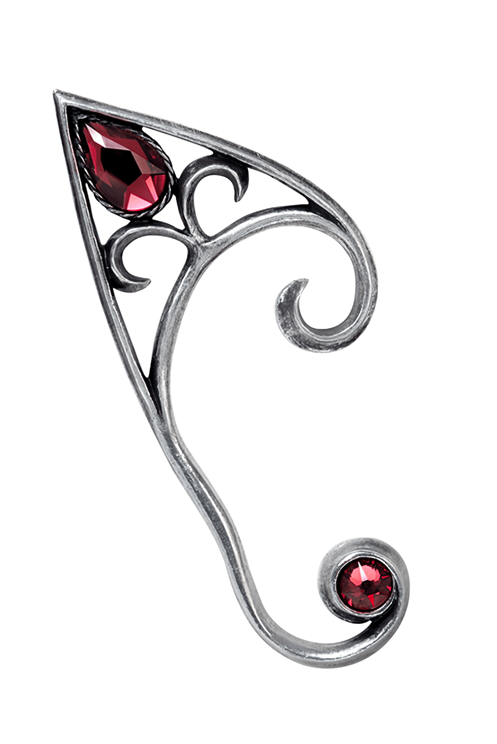 Gothic Pewter Earwrap with Red Crystal Gem Accents