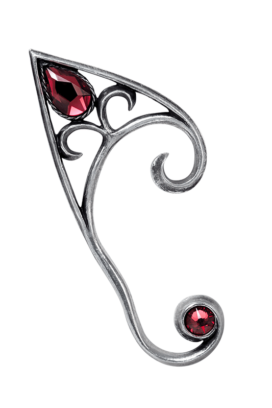 Gothic Pewter Earwrap with Red Crystal Gem Accents