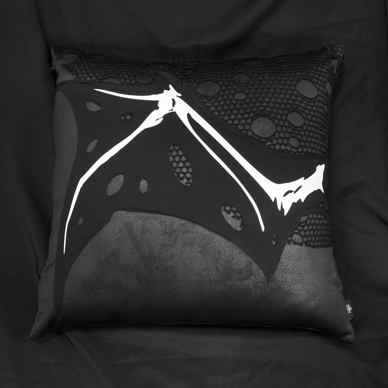 Gothic Pillow with Wing Bone Print / Filled Cushion with Mesh Detail