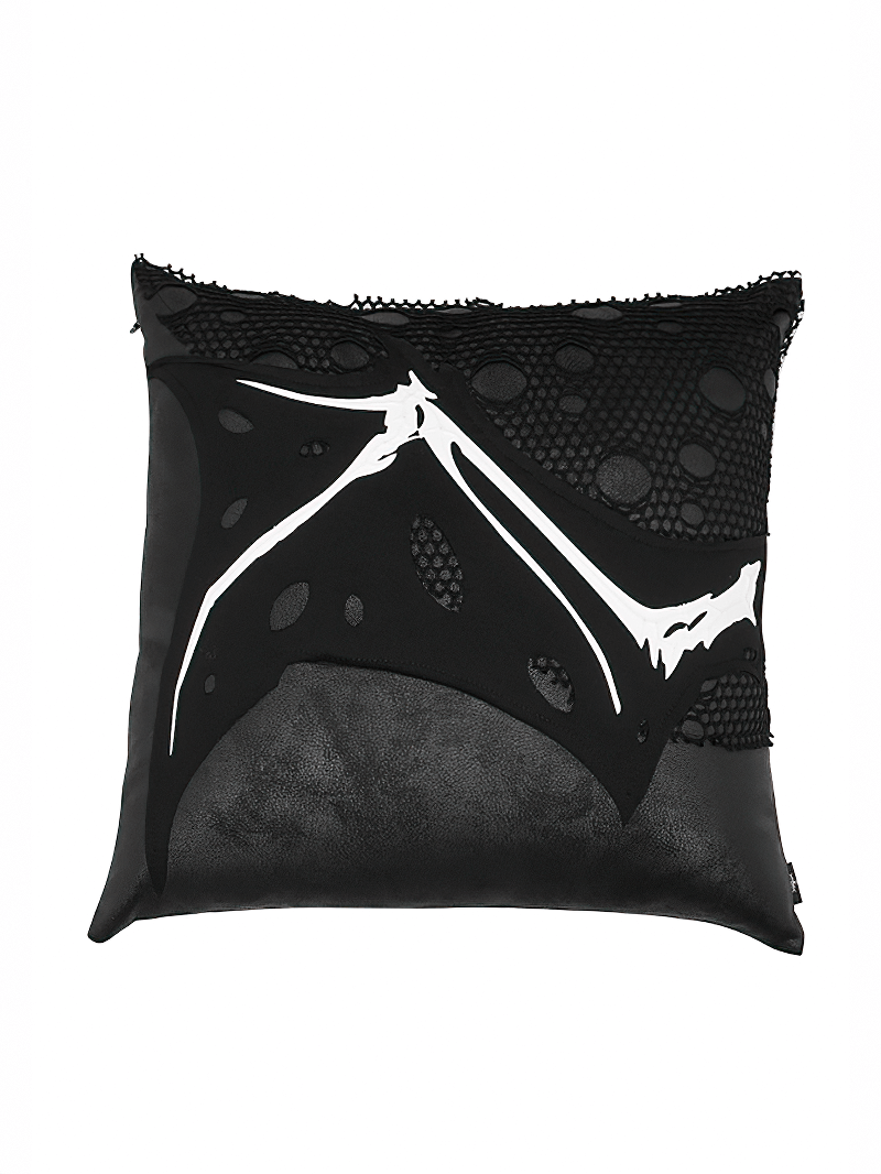 Gothic Pillow with Wing Bone Print / Filled Cushion with Mesh Detail