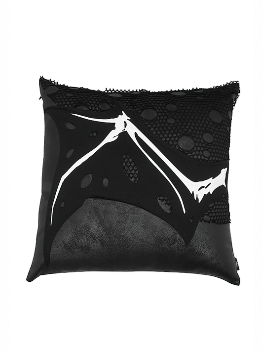 Gothic Pillow with Wing Bone Print / Filled Cushion with Mesh Detail