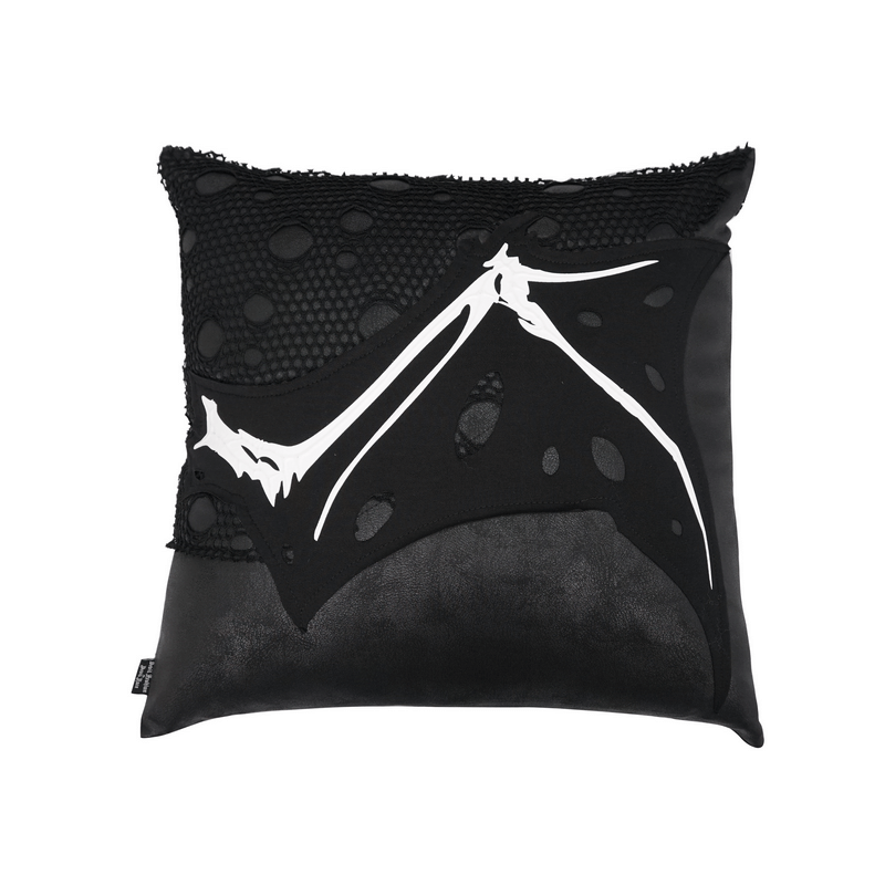 Gothic Pillow with Wing Bone Print / Filled Cushion with Mesh Detail