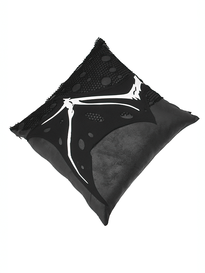 Gothic Pillow with Wing Bone Print / Filled Cushion with Mesh Detail