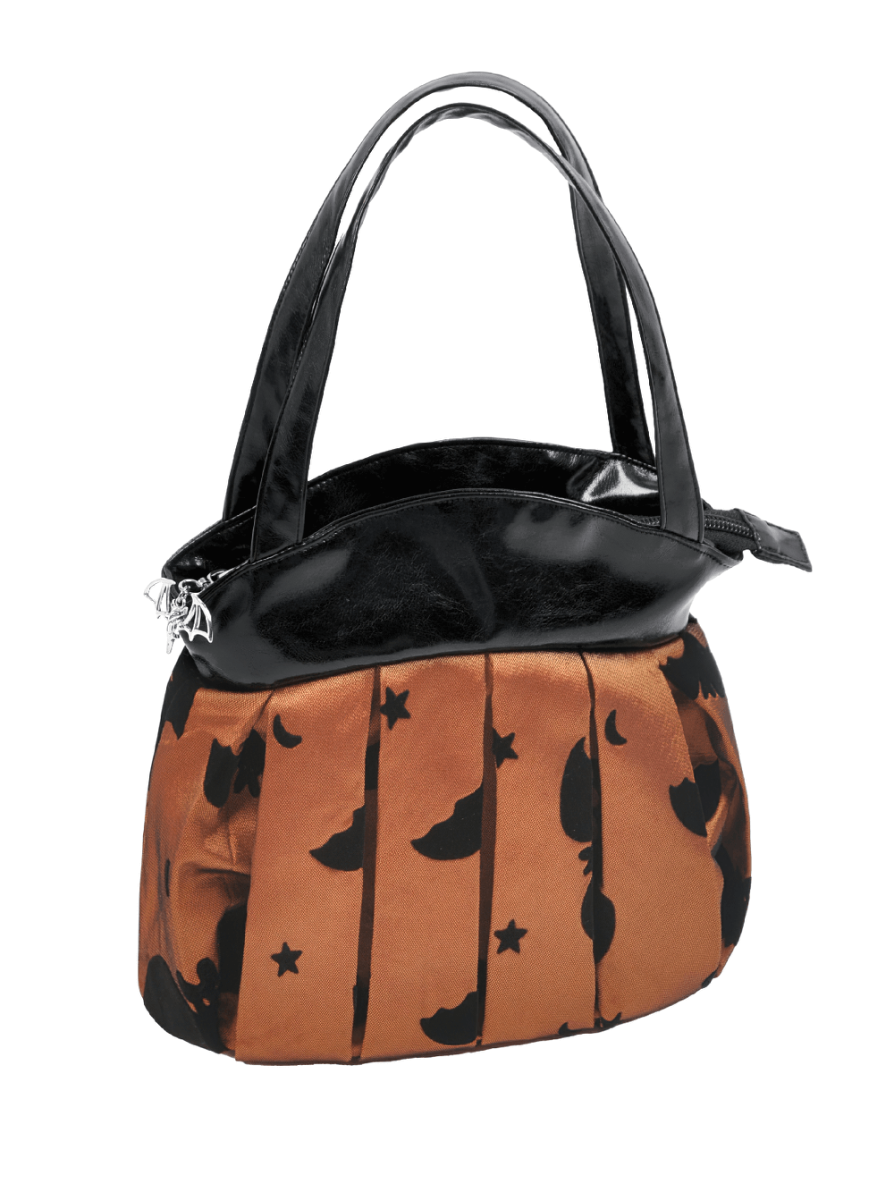 Gothic Pleated Bat and Star Print Handbag with Bat Zipper