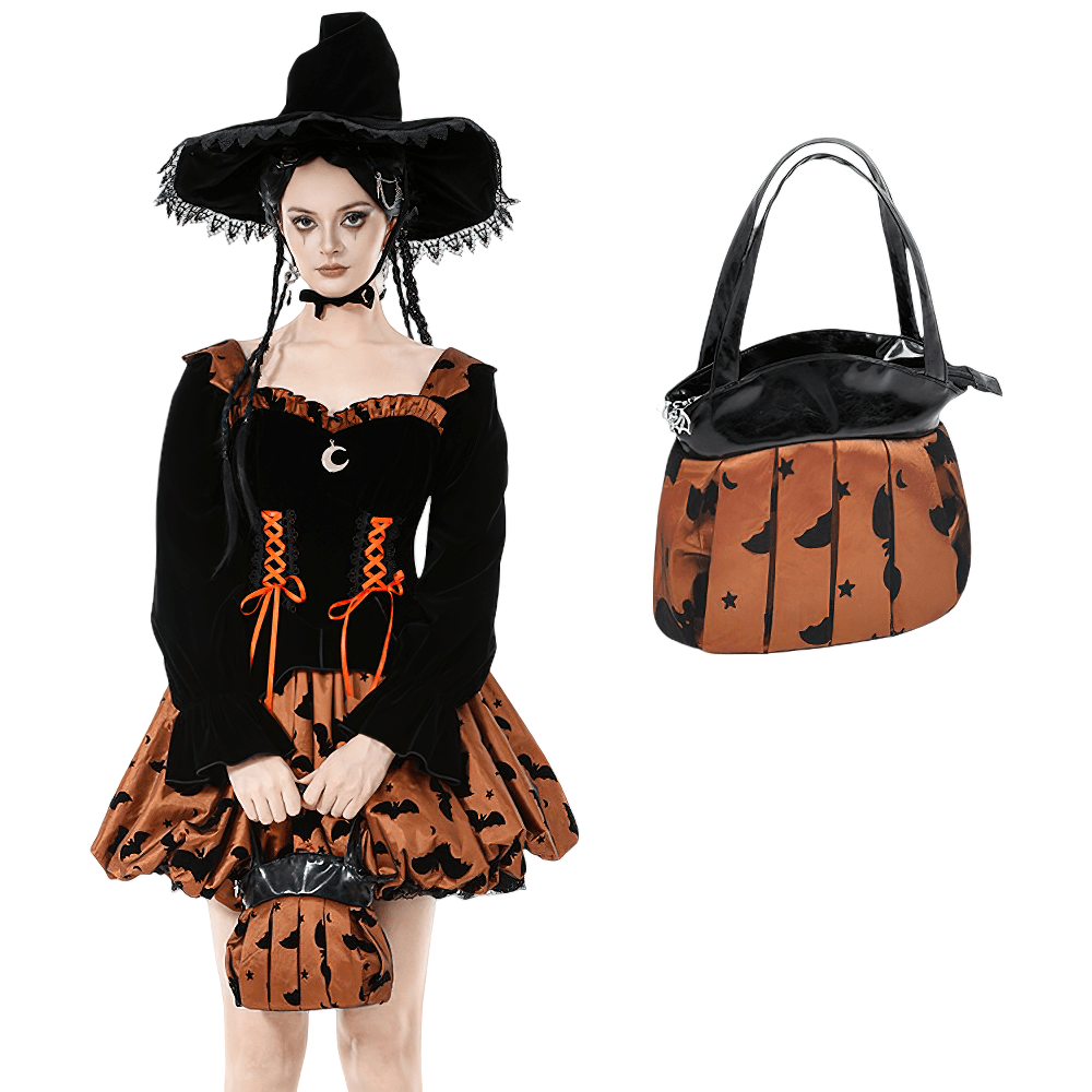 Gothic Pleated Bat and Star Print Handbag with Bat Zipper