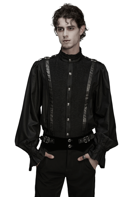 Gothic Pleated Black Shirt with Stand Collar and Buckles