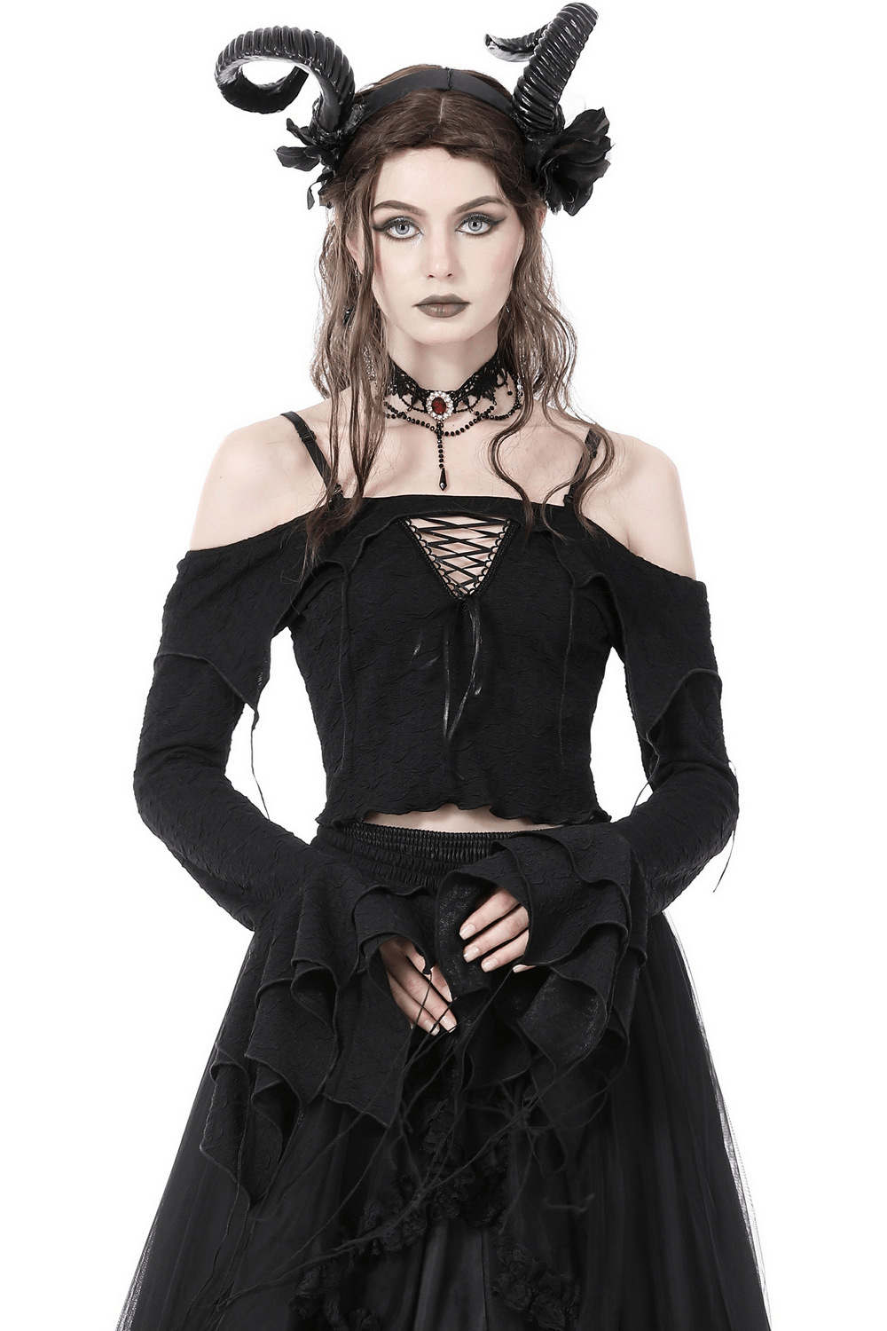 Gothic Pleated Off-Shoulder Cutout Top for Women