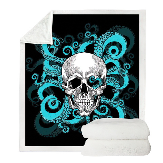 Gothic Plush Blanket of Sherpa with a Skull and an Octopus / Unisex Mystic Blanket For Sofa