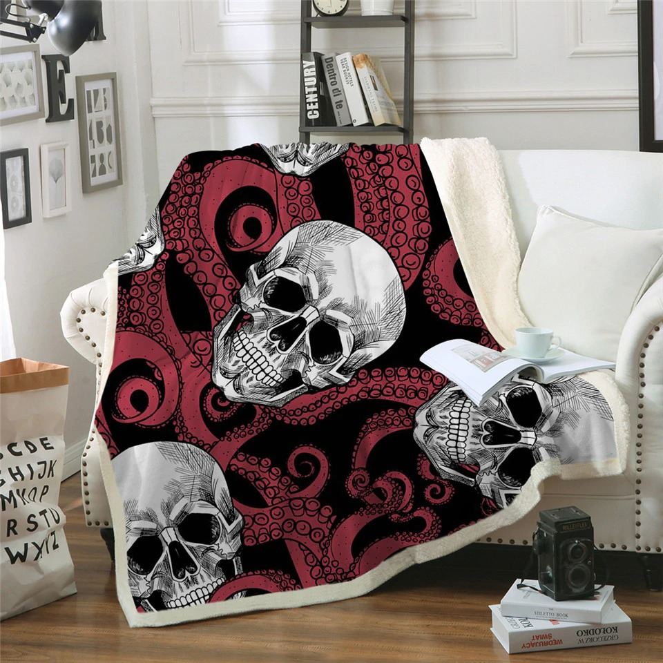 Gothic Plush Blanket of Sherpa with a Skull and an Octopus / Unisex Mystic Blanket For Sofa
