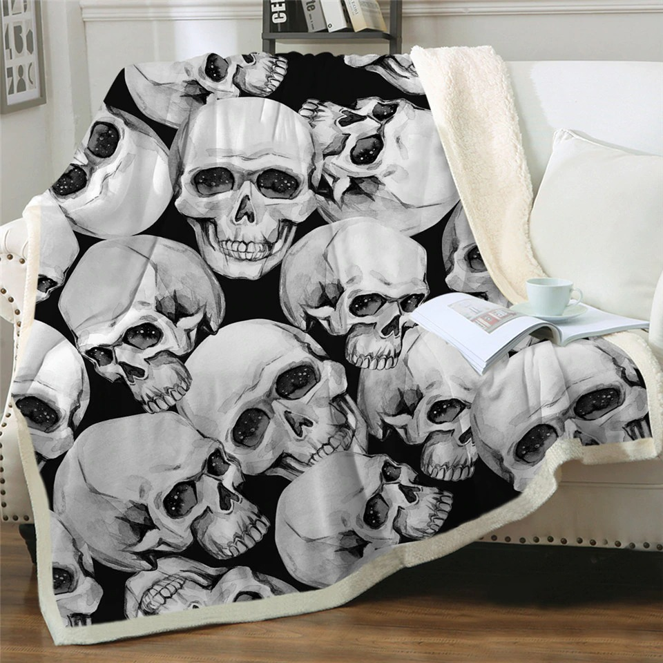 Gothic Plush Blanket Sherpa with Skull / Unisex Black White Mystic Blanket