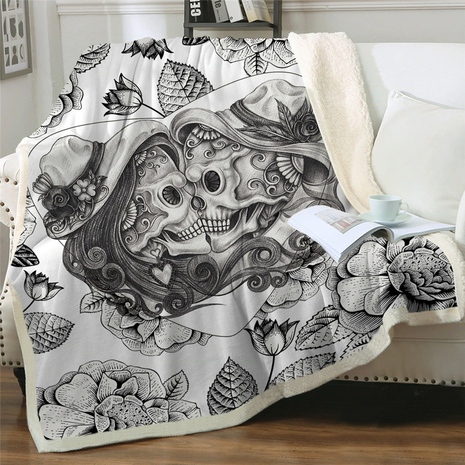 Gothic Plush Blanket with a 3D print pairs of skeletons / Gothic Mystic Blankets of Sherpa #2