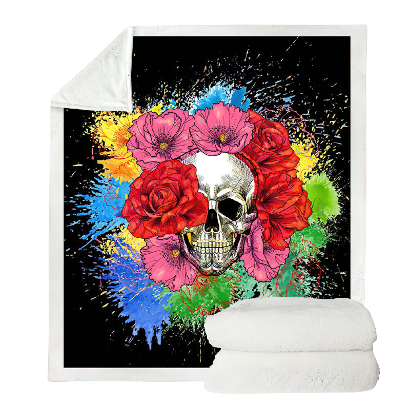 Gothic Plush Blanket With Print Skull One Piece Flowers / Alternative Soft Blankets with Sherpa