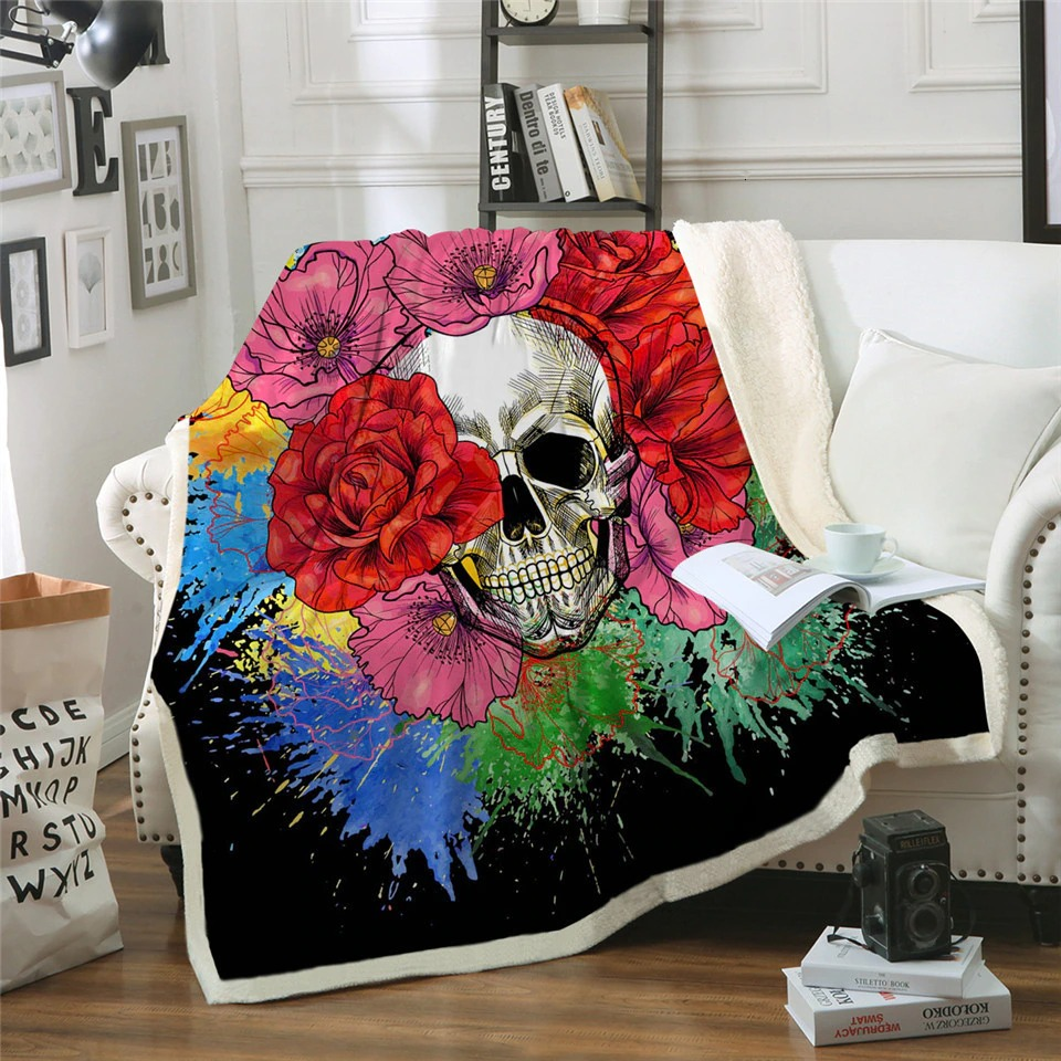 Gothic Plush Blanket With Print Skull One Piece Flowers / Alternative Soft Blankets with Sherpa
