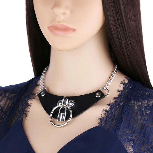 Gothic PU Leather Choker Collar For Women / Female Necklace of Chains with Lock Key