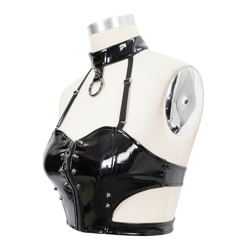 Gothic PU Leather Halter Top With Adjustable Straps / Zipper Vinil Crop Top with Spiked Rivets