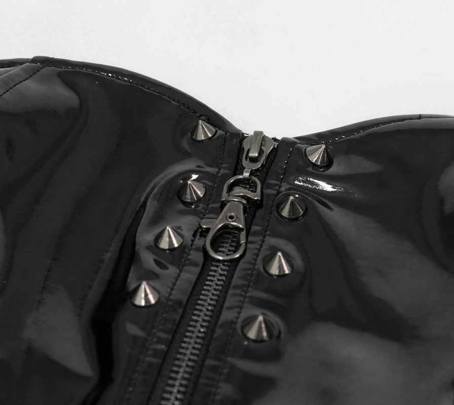 Gothic PU Leather Halter Top With Adjustable Straps / Zipper Vinil Crop Top with Spiked Rivets