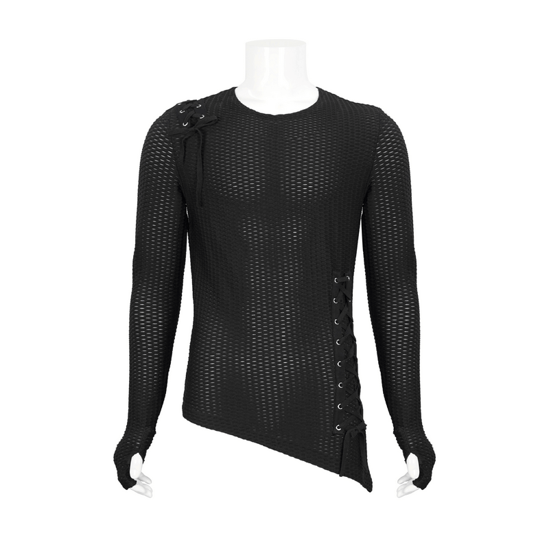 Gothic Punk Asymmetric Sweatshirt with Lace Up / Male Mesh Long Sleeve Black Top