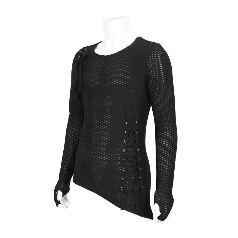 Gothic Punk Asymmetric Sweatshirt with Lace Up / Male Mesh Long Sleeve Black Top