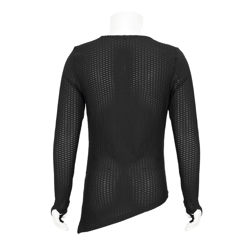 Gothic Punk Asymmetric Sweatshirt with Lace Up / Male Mesh Long Sleeve Black Top