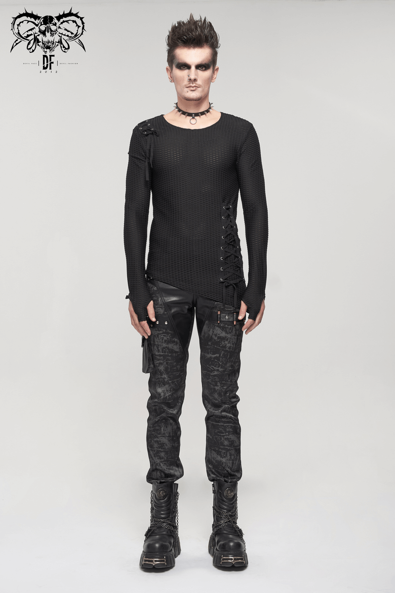 Gothic Punk Asymmetric Sweatshirt with Lace Up / Male Mesh Long Sleeve Black Top
