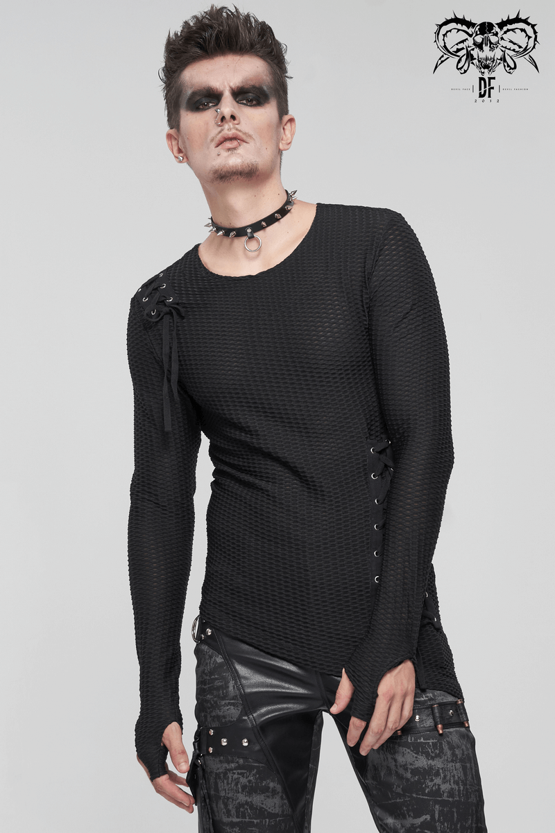 Gothic Punk Asymmetric Sweatshirt with Lace Up / Male Mesh Long Sleeve Black Top