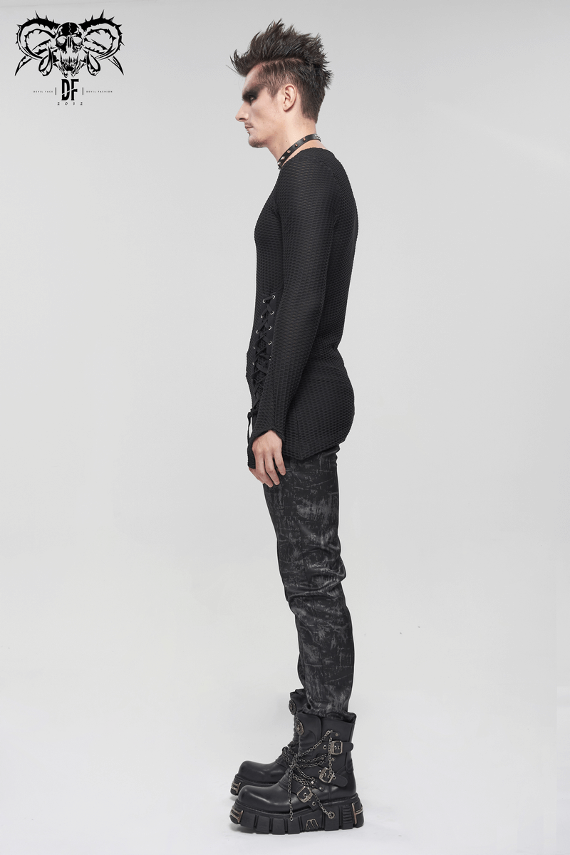 Gothic Punk Asymmetric Sweatshirt with Lace Up / Male Mesh Long Sleeve Black Top