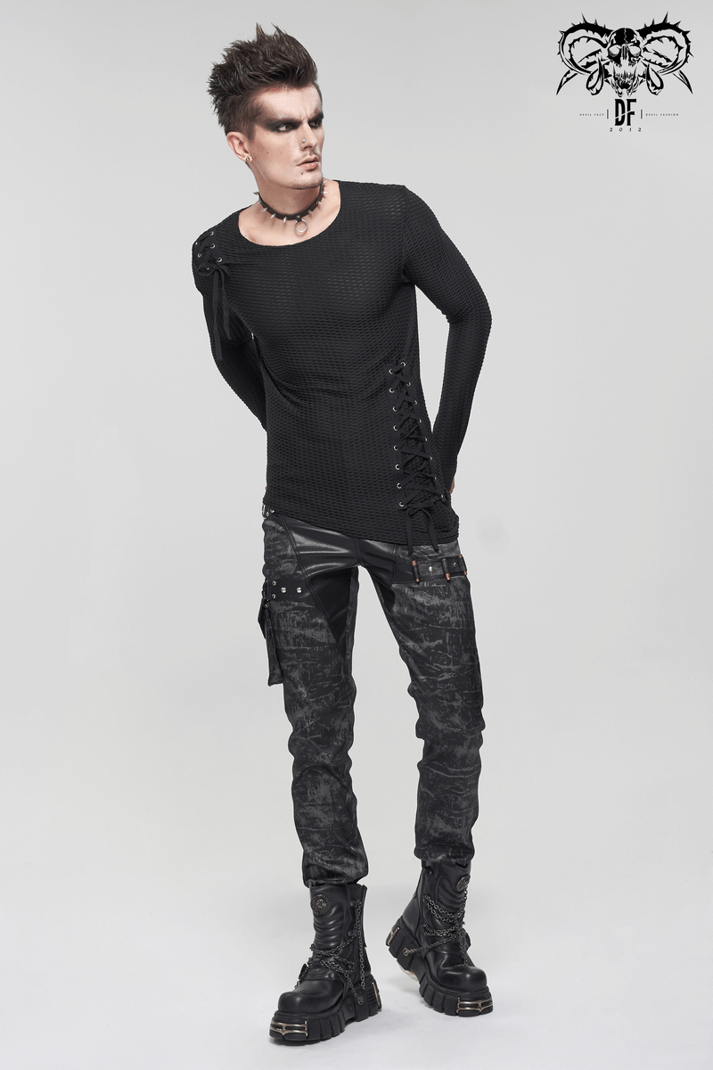 Gothic Punk Asymmetric Sweatshirt with Lace Up / Male Mesh Long Sleeve Black Top